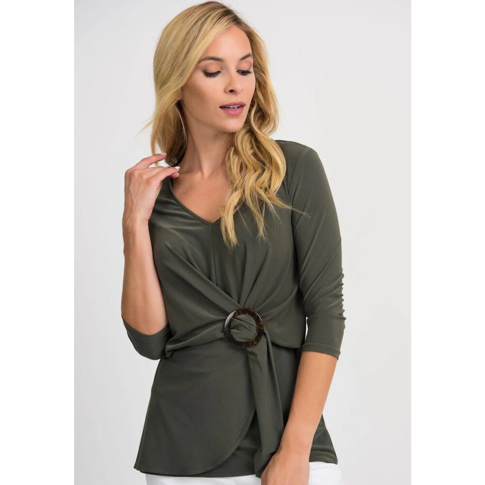 Joseph Ribkoff Draped Faux Wrap Twist Top Size 10 Olive Green Business Casual